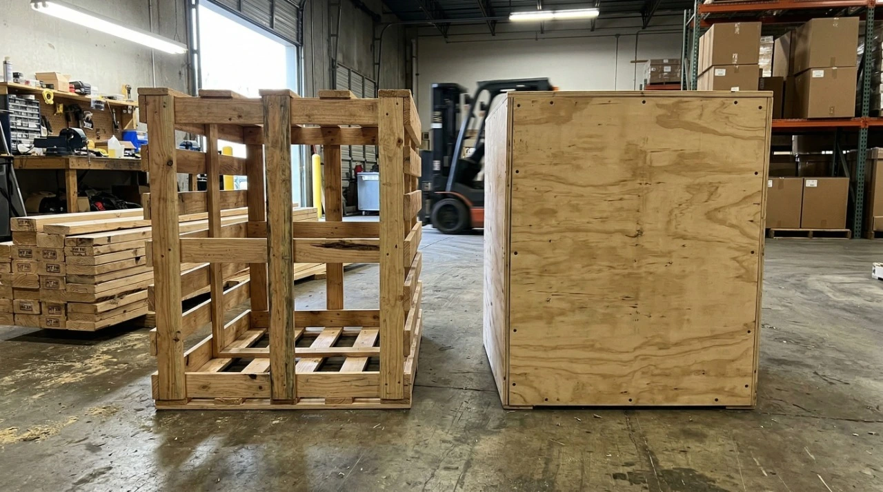 Custom wooden crates and boxes displayed on a concrete facility floor to show the difference between open-slat and fully enclosed shipping containers.