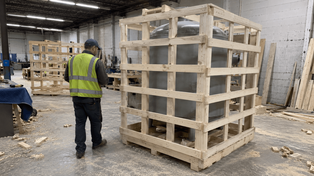 A custom bird-cage wood crate built around an industrial holding tank on a properly sized base skid, demonstrating Express Packing's holding tank crating and damage prevention approach.